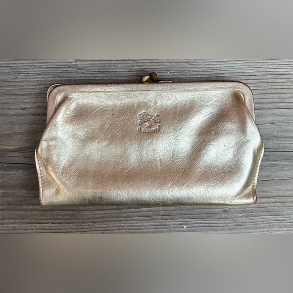 Metallic Gold IL Bisonte Clutch Kisslock Multifunctional Leather Phone wallet - Picture 3 of 12